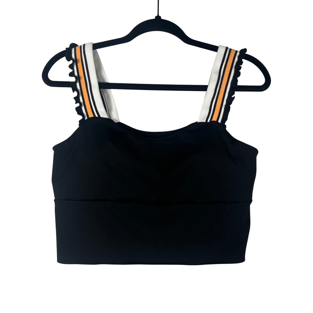 Lamissche Crop Top Women Black Excellent Striped Ruffle Strap Cutout Back Size M